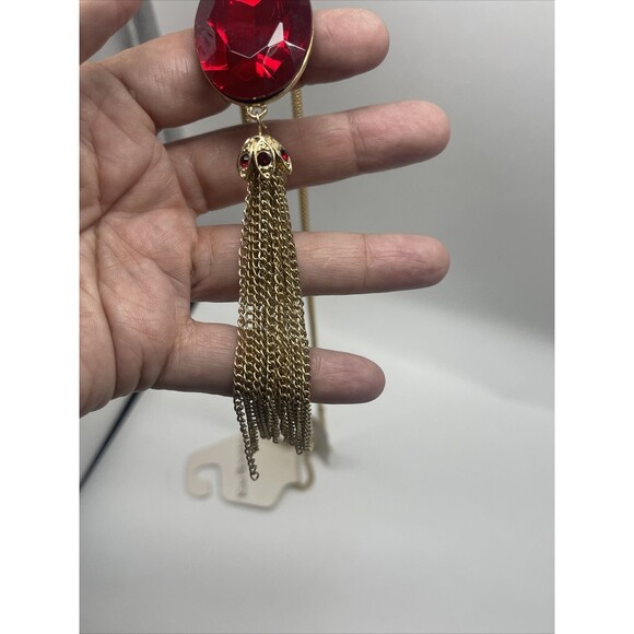Kim Rogers Gold Tone Red Stone Tassel Long Necklace. - Picture 8 of 10